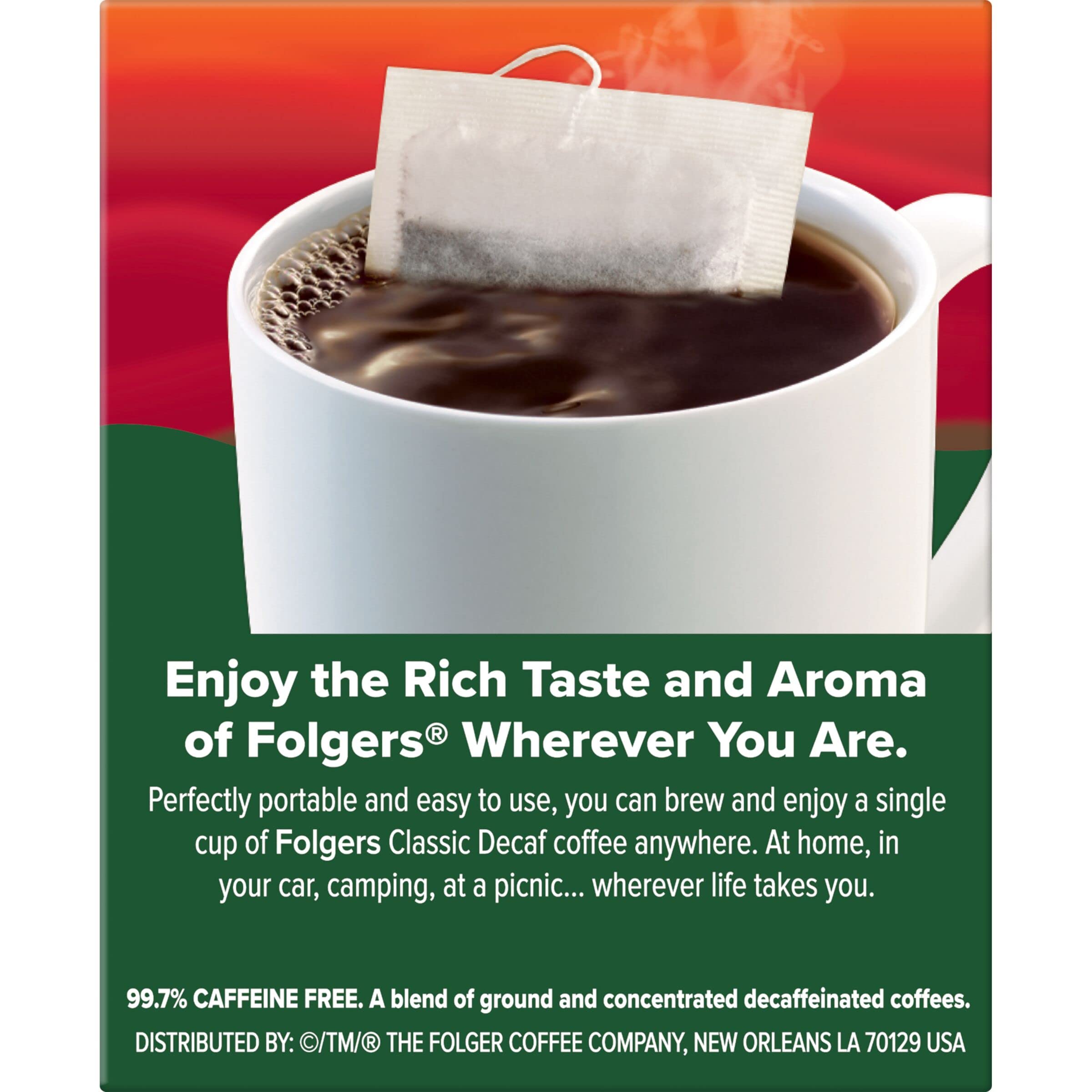 Folgers single bag beside a teaspoon showing portion control benefit