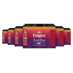 Folgers French Roast front packaging showing six canisters and rich roast appeal