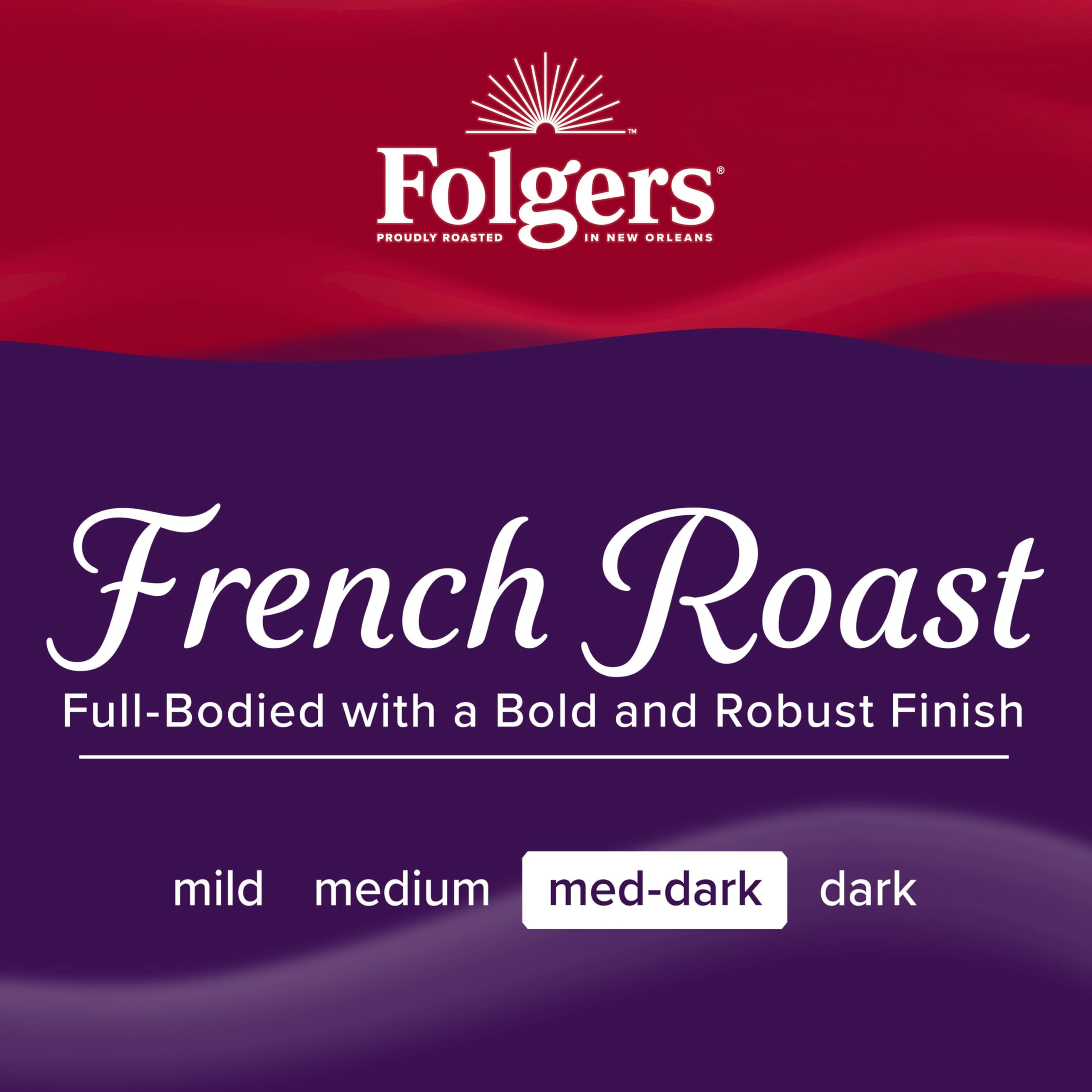Folgers grounds in French press illustrating full-bodied brew and easy use