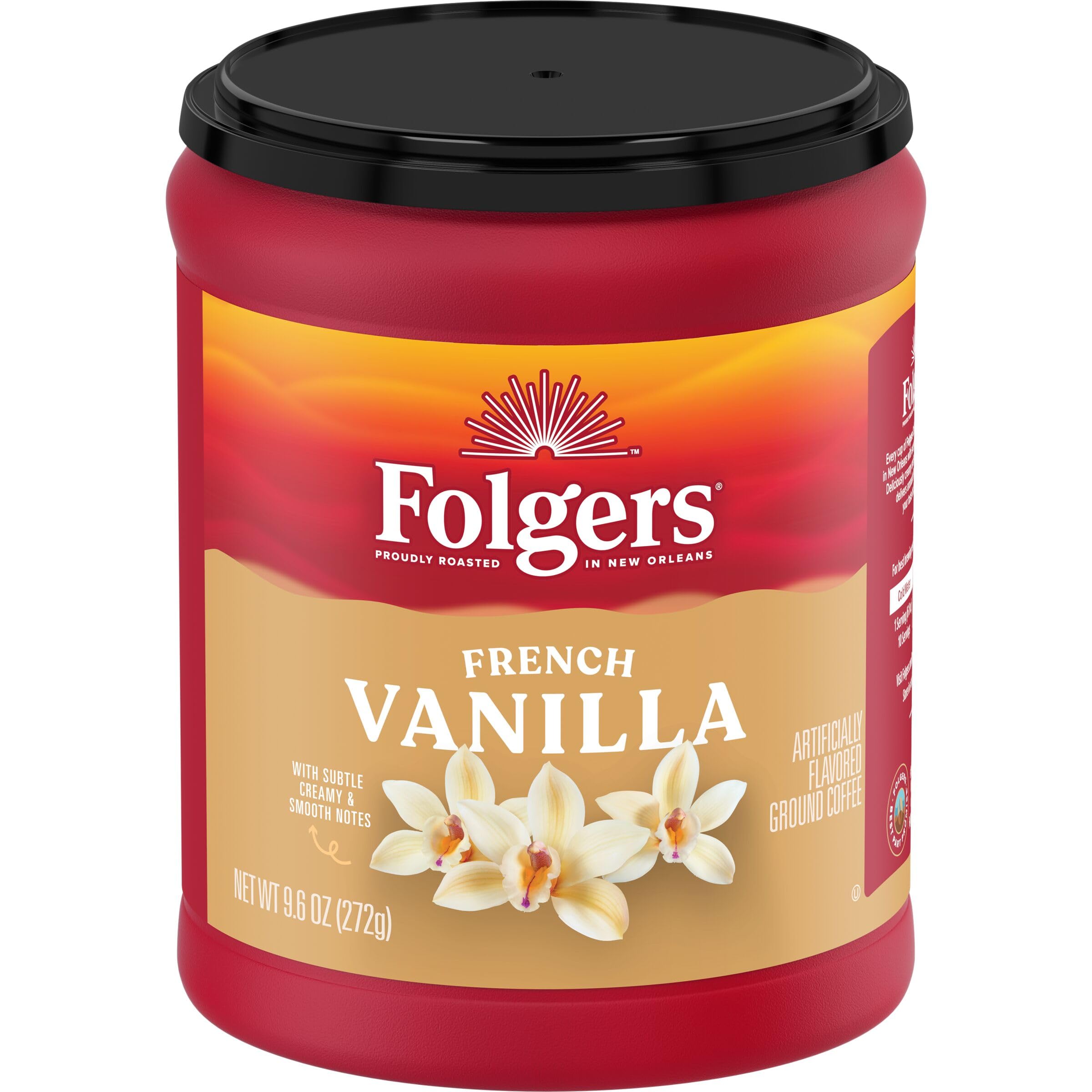Folgers French Vanilla front packaging showing six canisters and convenience