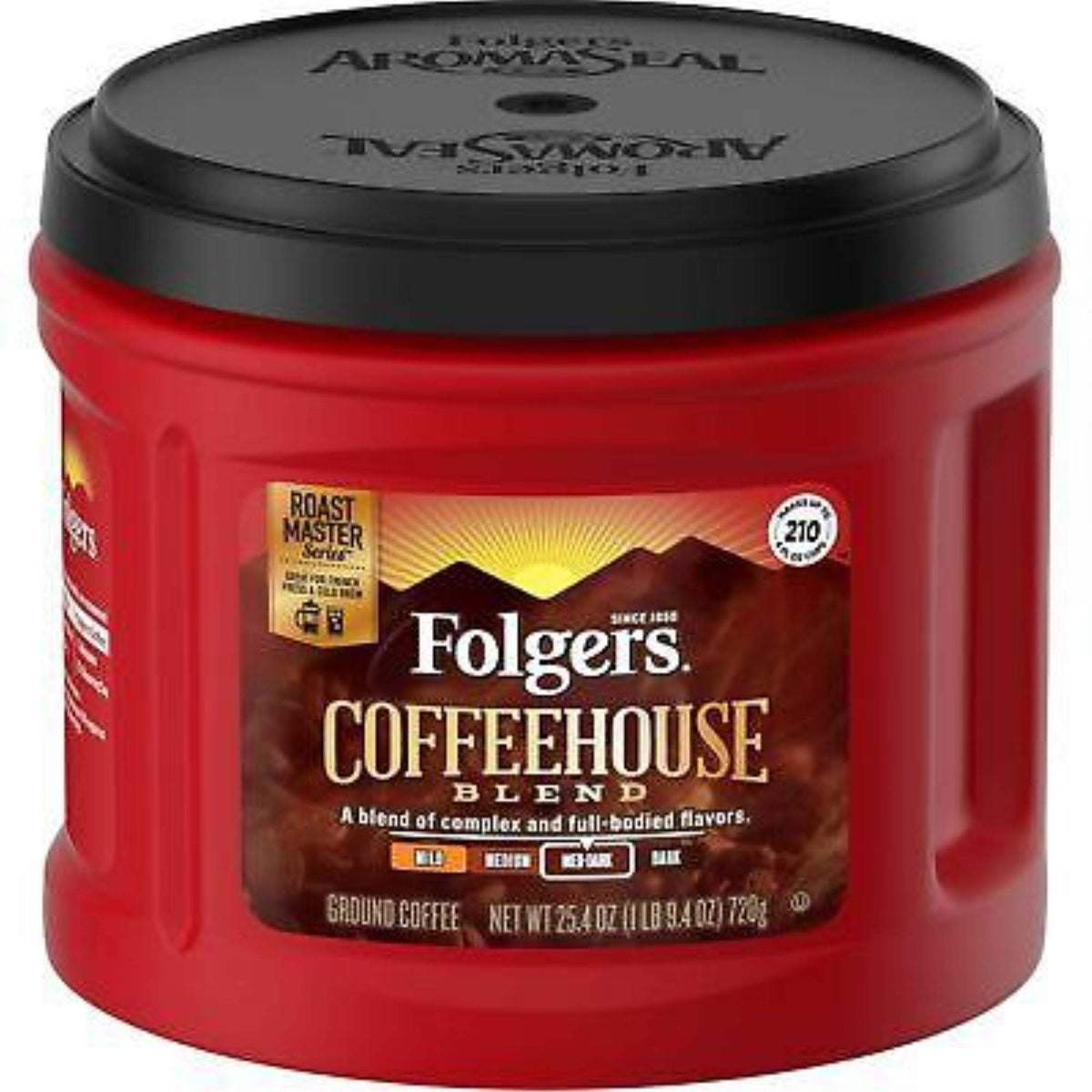 Folgers canister front view showing label and aroma seal for lasting freshness