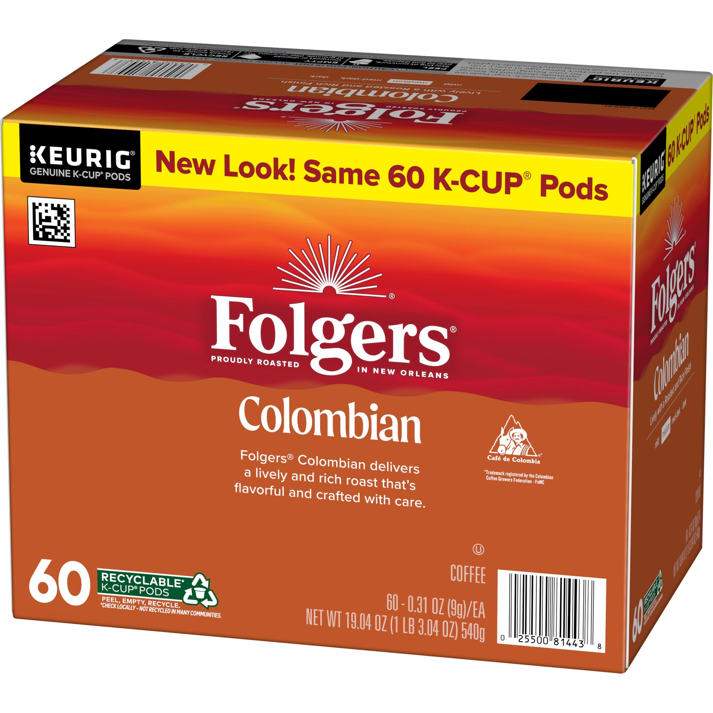 Folgers coffee poured from pod into cup showing medium-roast color and aroma