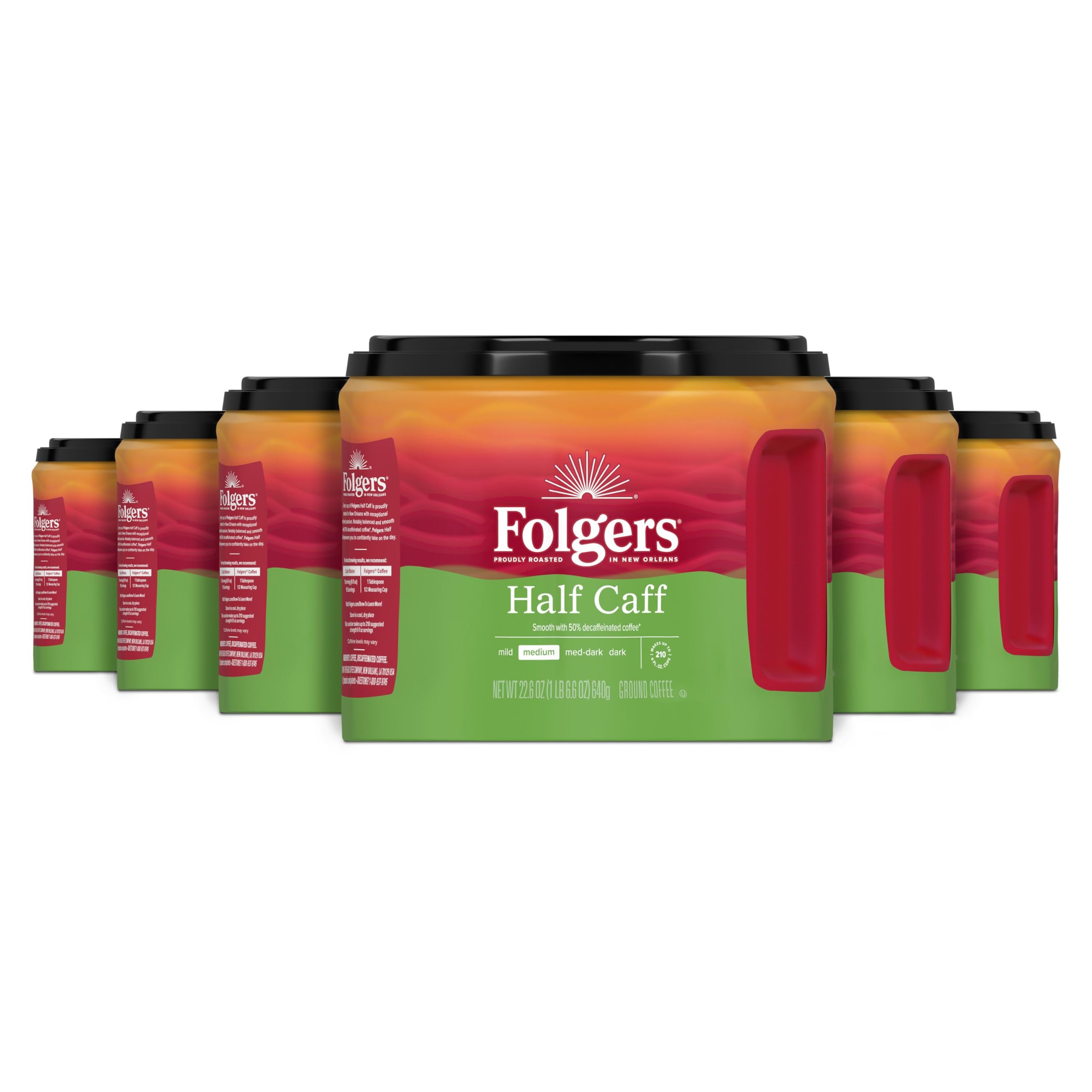 Folgers Half Caff canister front showing branding and convenience
