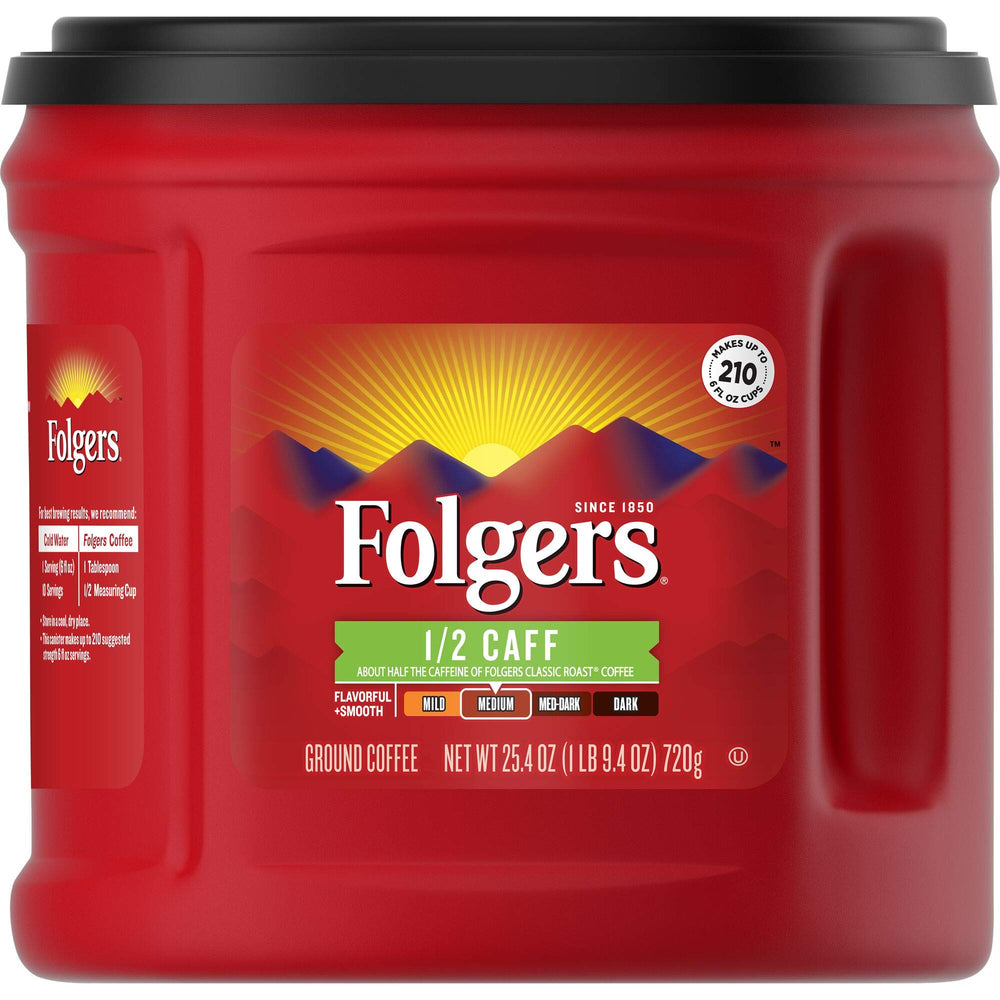 Folgers Half Caff front canister showing size and branding for consistent flavor