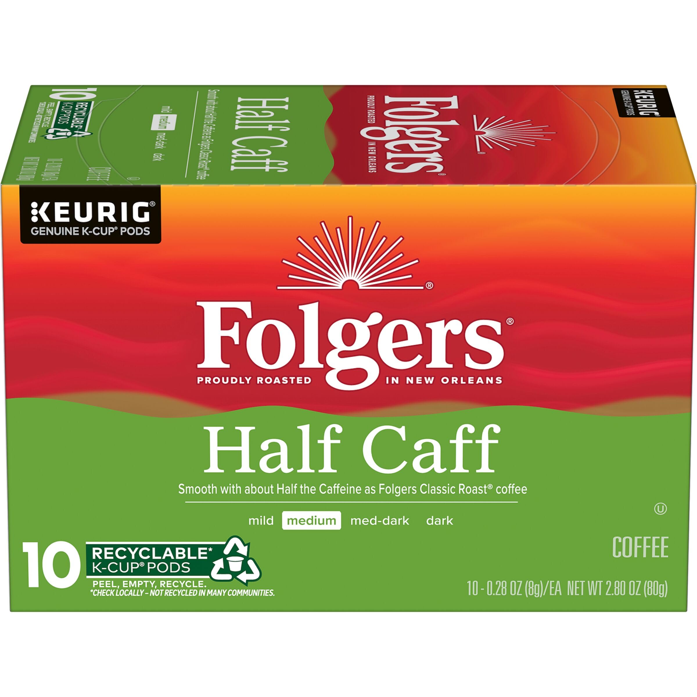 Folgers half caff front packaging showing box and brand, fast selection benefit