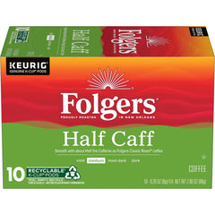 Folgers half caff front packaging showing box and brand, fast selection benefit
