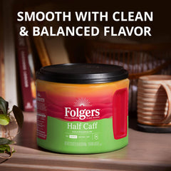 Folgers Half Caff ground close-up highlighting smooth medium roast texture