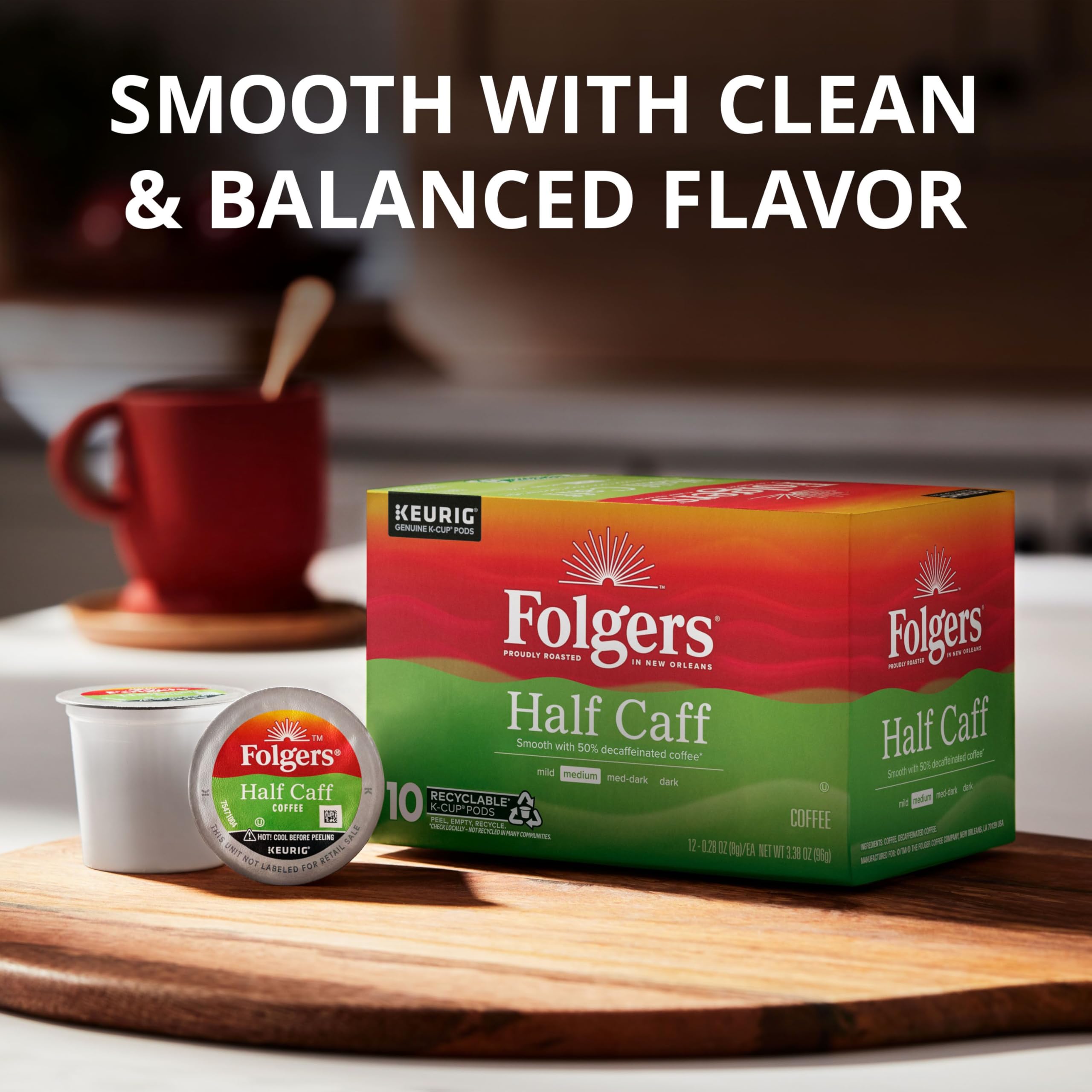 Folgers half caff K-Cup top view with peelable lid, ensures easy brewing