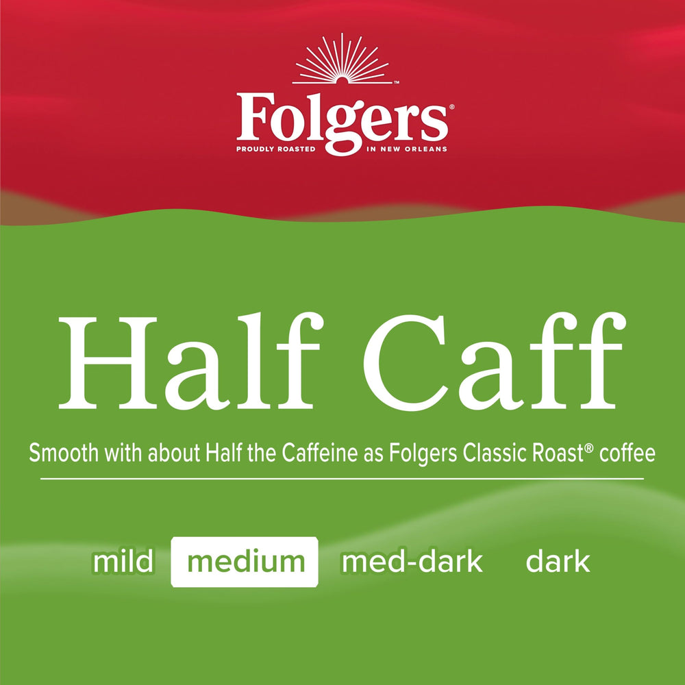 Folgers half caff pods on kitchen counter, convenient everyday brewing