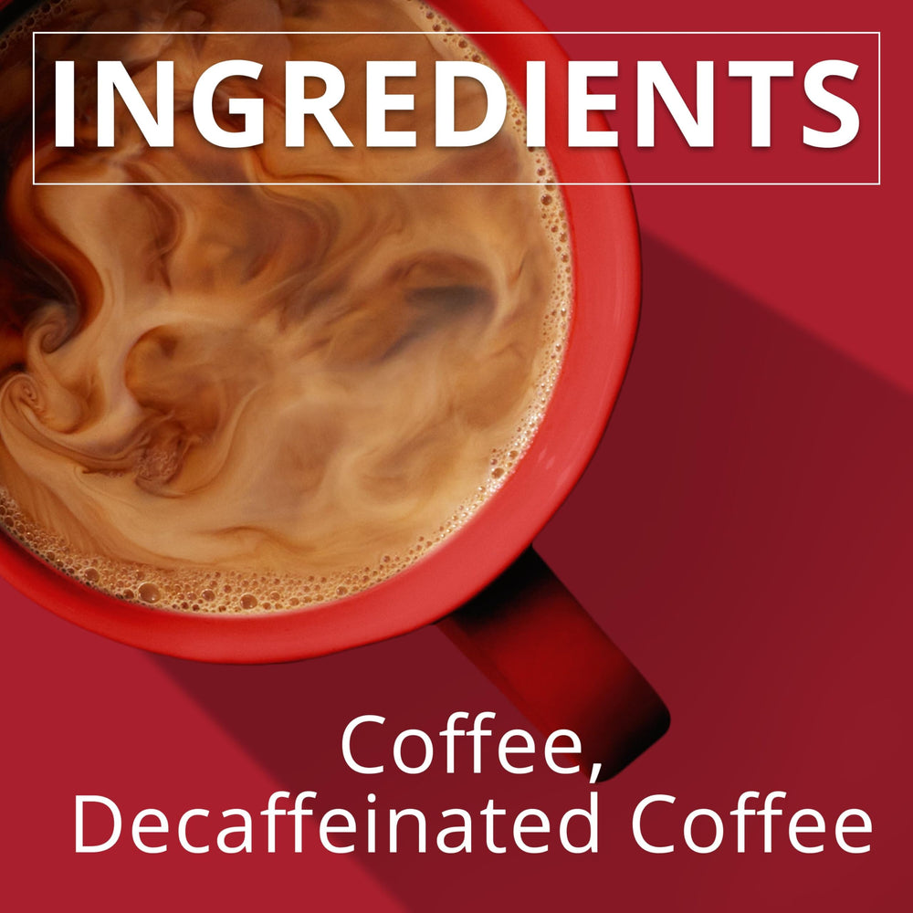 Folgers half caff next to hand for scale, compact single-serve convenience