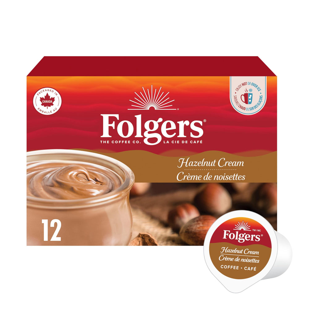 Folgers Hazelnut Cream front packaging showing brand and pod count, clear convenience