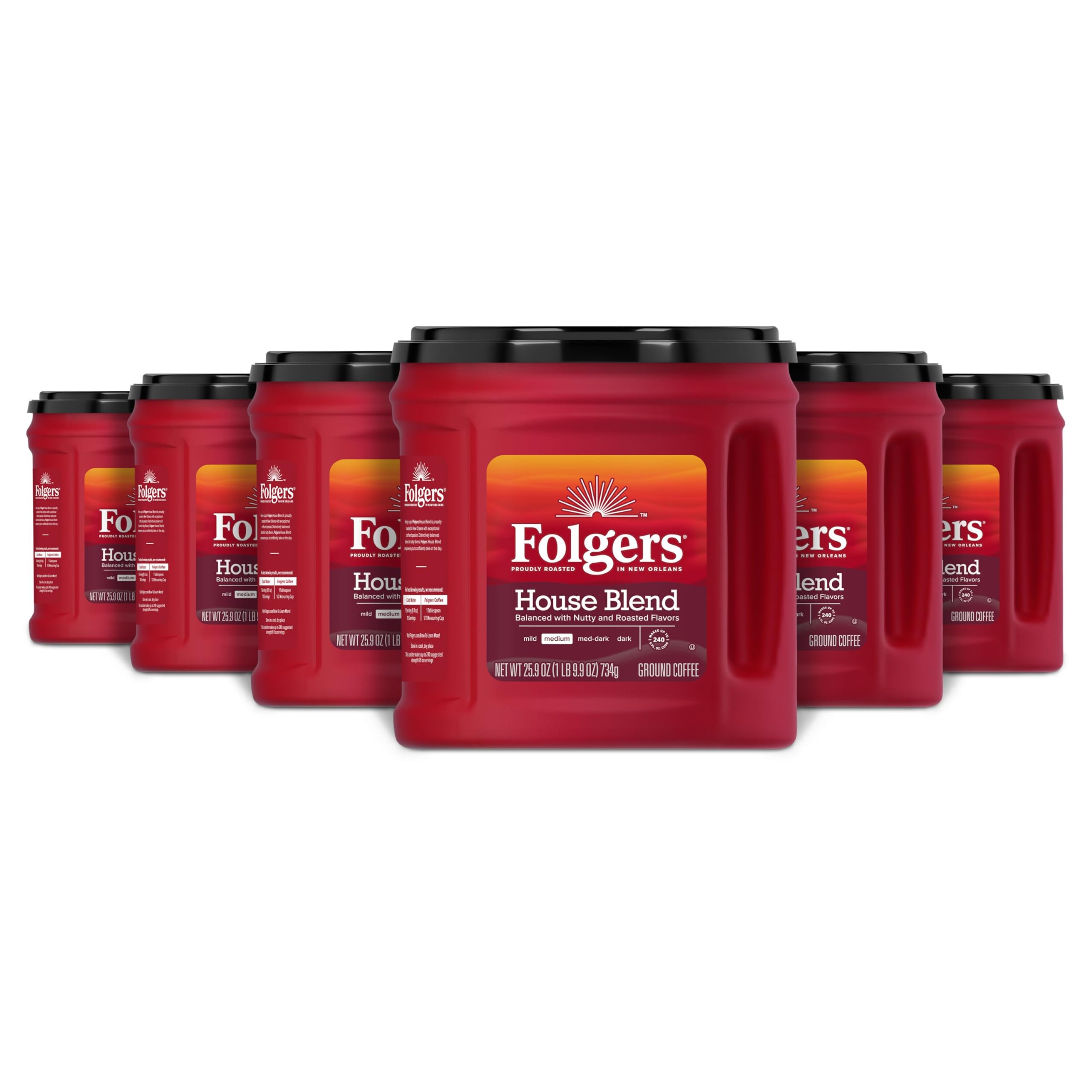 Folgers House Blend front packaging showing six canisters and brand