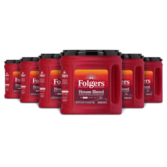 Folgers House Blend front packaging showing six canisters and brand