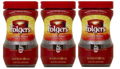 Folgers instant coffee crystals front jar showing easy-open lid and fast-brewing convenience