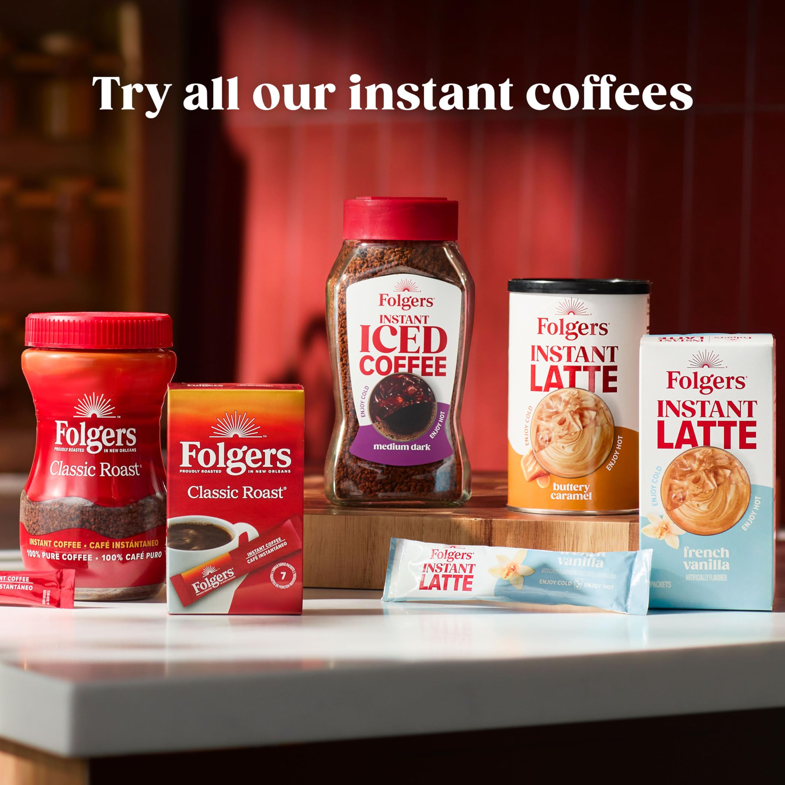Folgers jars on a home coffee bar displaying easy storage