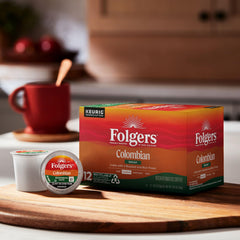 Close-up of a Folgers K-Cup pod showing foil seal and easy brewing convenience
