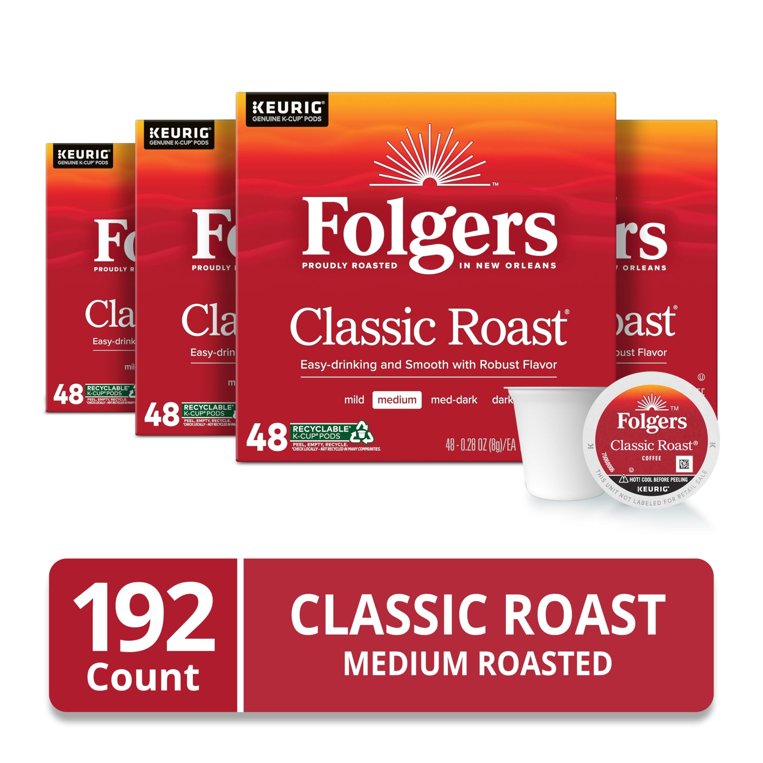 Close-up of a Folgers K-Cup pod showing seal detail and easy-use benefit