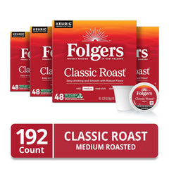 Close-up of a Folgers K-Cup pod showing seal detail and easy-use benefit