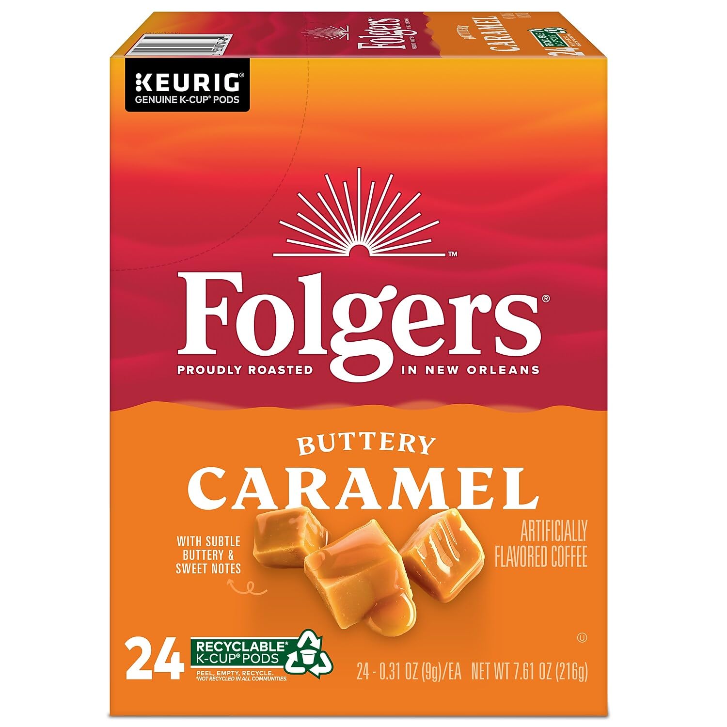 Folgers mug steaming in kitchen conveying quick comforting caramel-flavored coffee