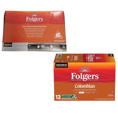Folgers box label detail showing roast and 100% Colombian origin