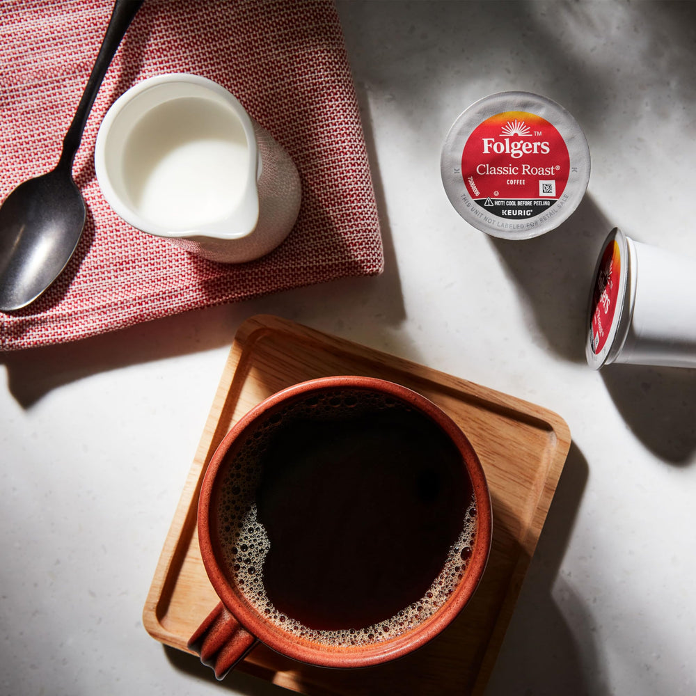 Folgers K-Cup inside Keurig brewer ready to brew for fast convenience