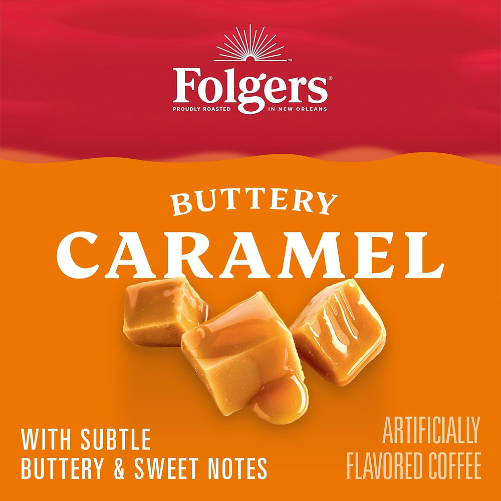 Freshly poured Folgers Buttery Caramel cup in kitchen setting offering comforting sweet flavor
