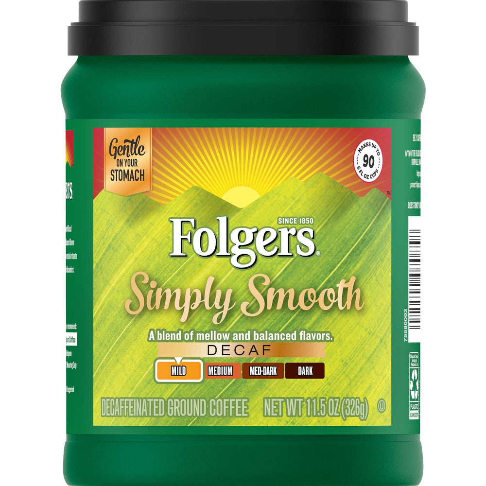 Folgers Simply Smooth Decaf front canister showing label and resealable lid for freshness