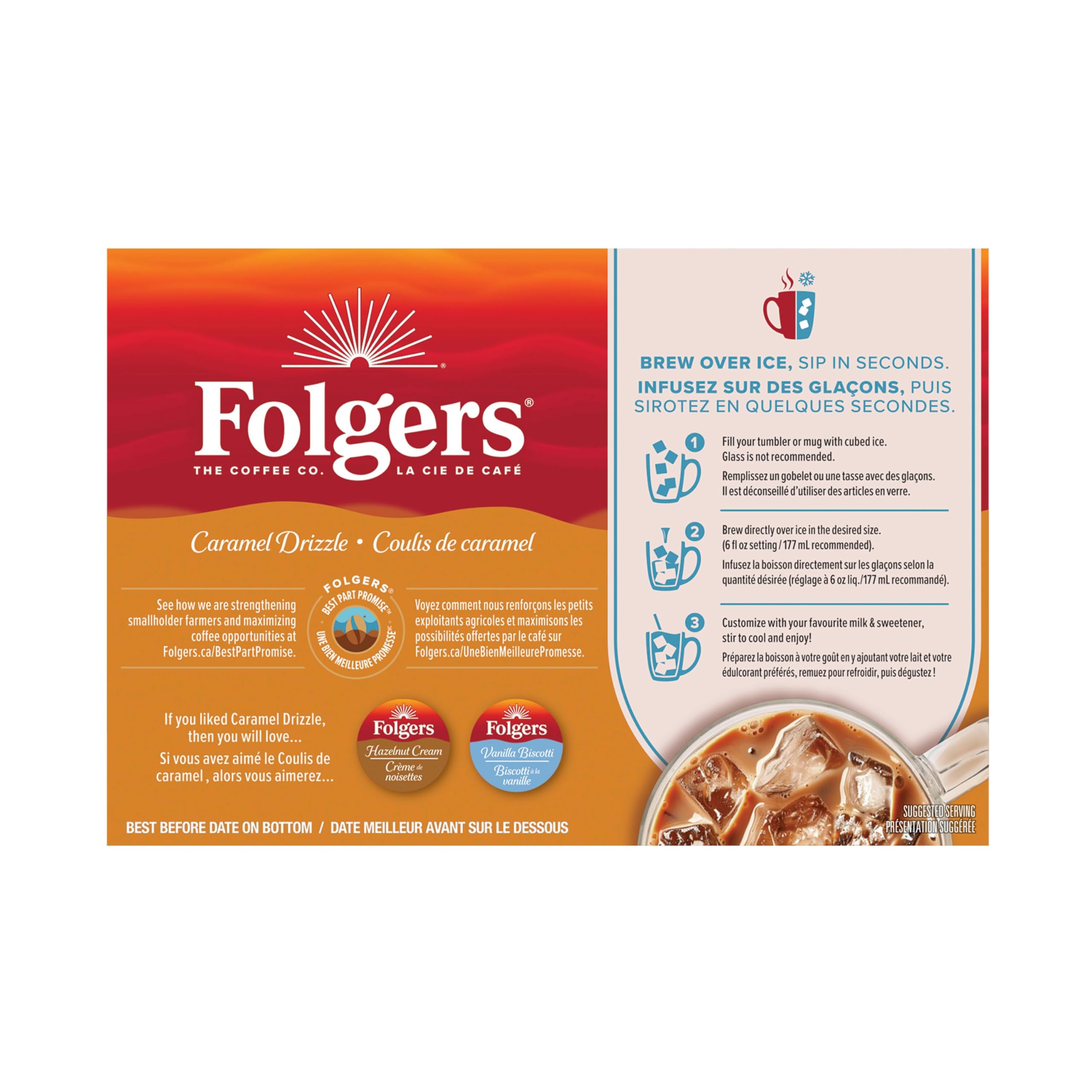 Folgers pod beside a standard mug demonstrating portion size
