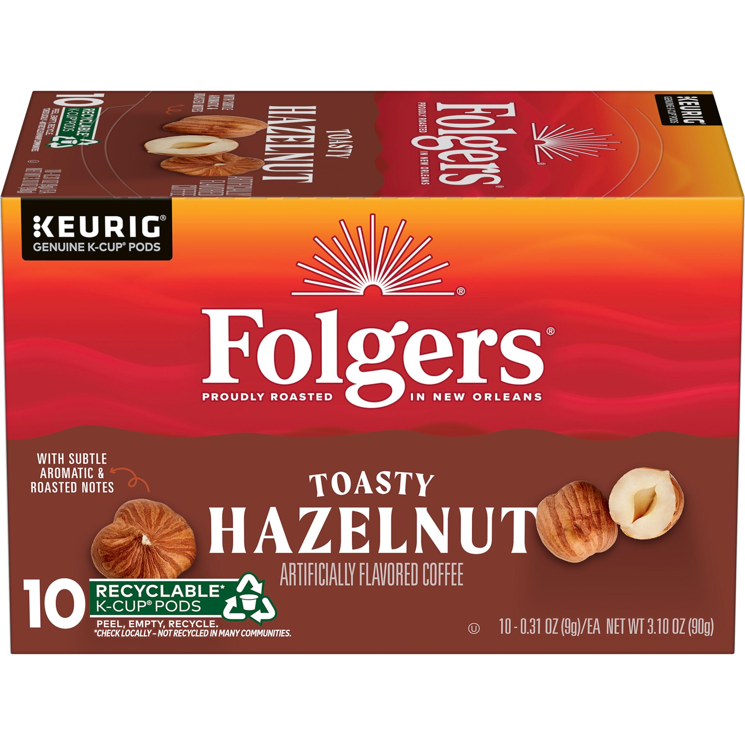 Folgers Toasty Hazelnut front box showing brand and benefits