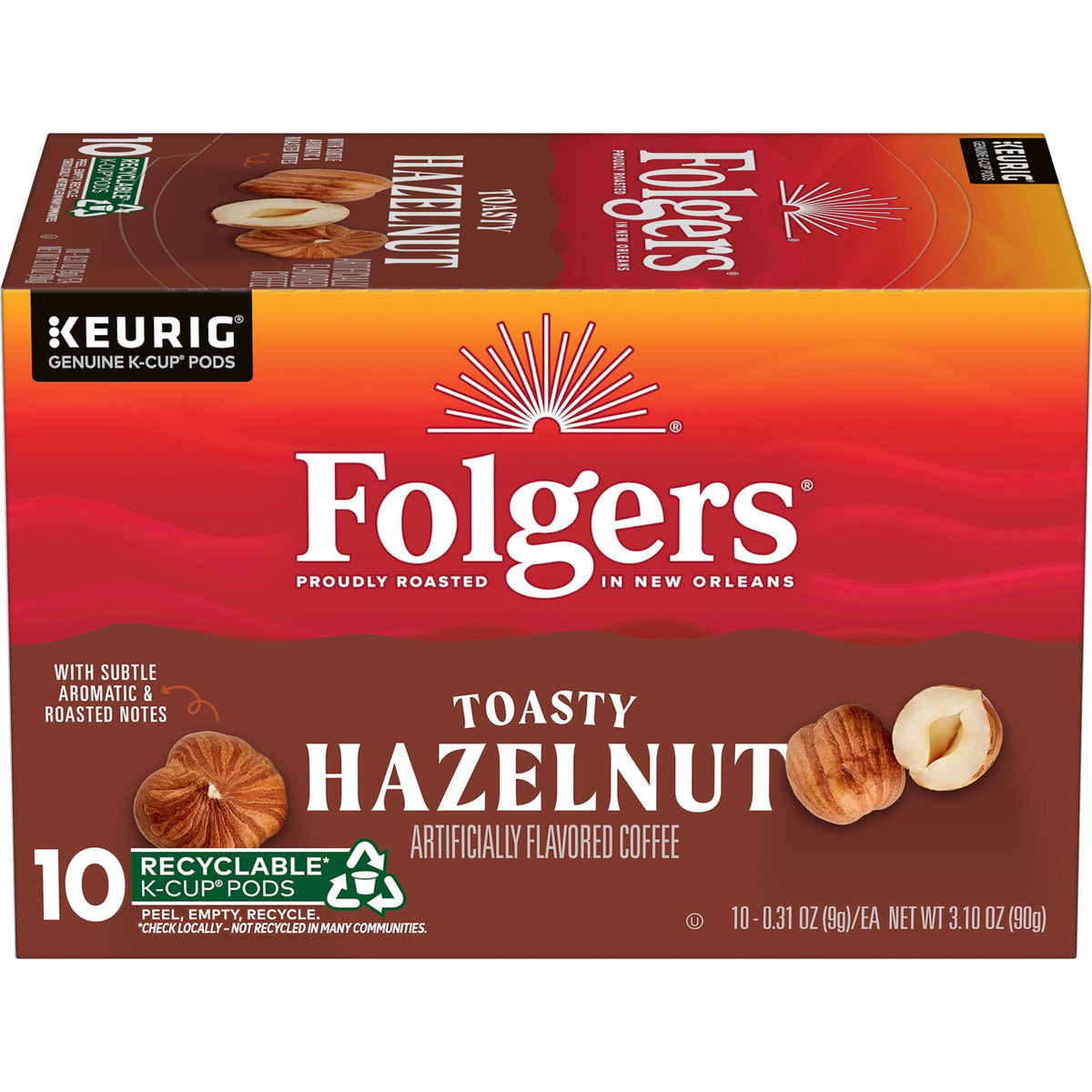 Folgers Toasty Hazelnut front box showing brand and benefits