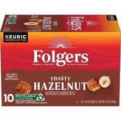 Folgers Toasty Hazelnut front box showing brand and benefits