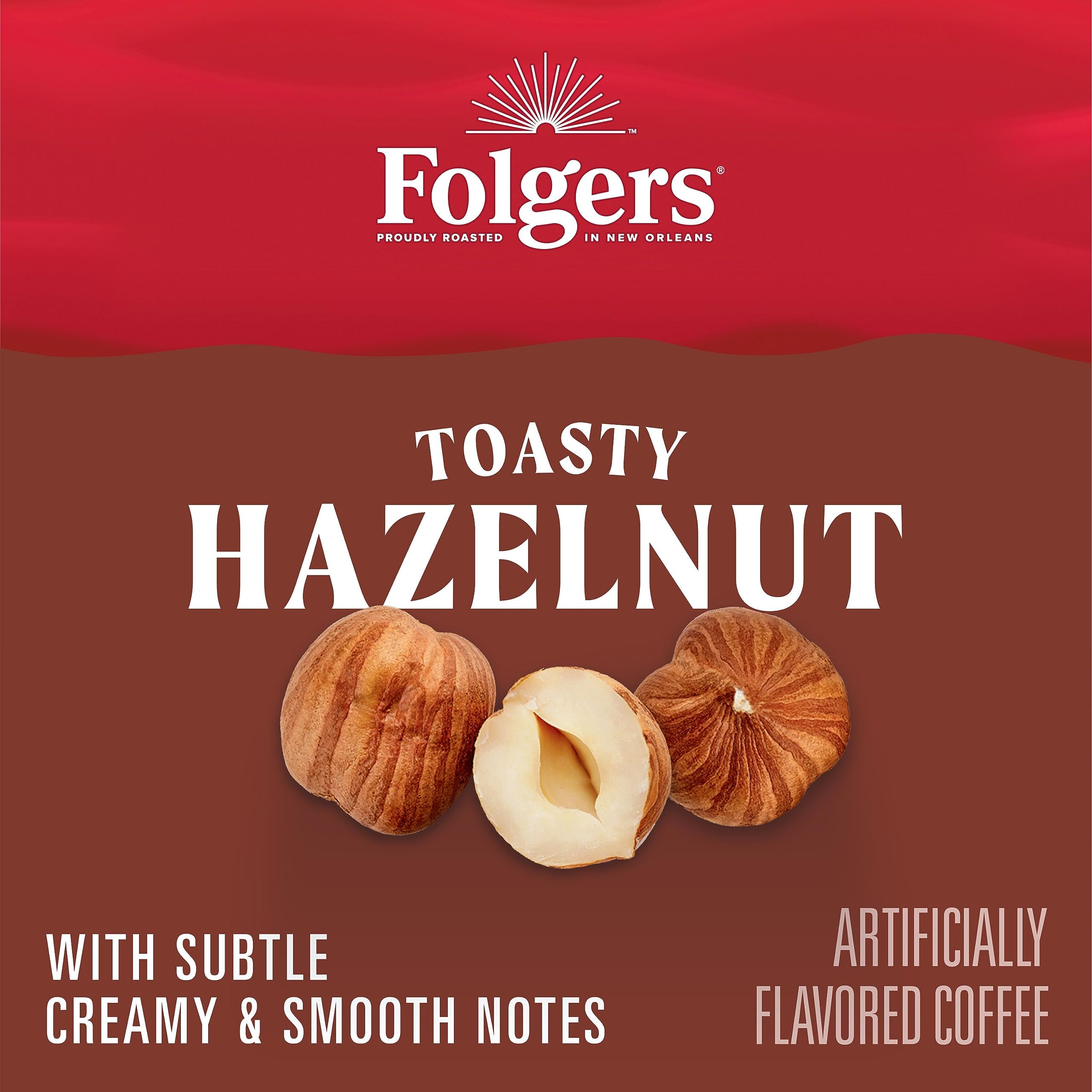 Folgers Toasty Hazelnut pod side view highlighting compact single-serve convenience