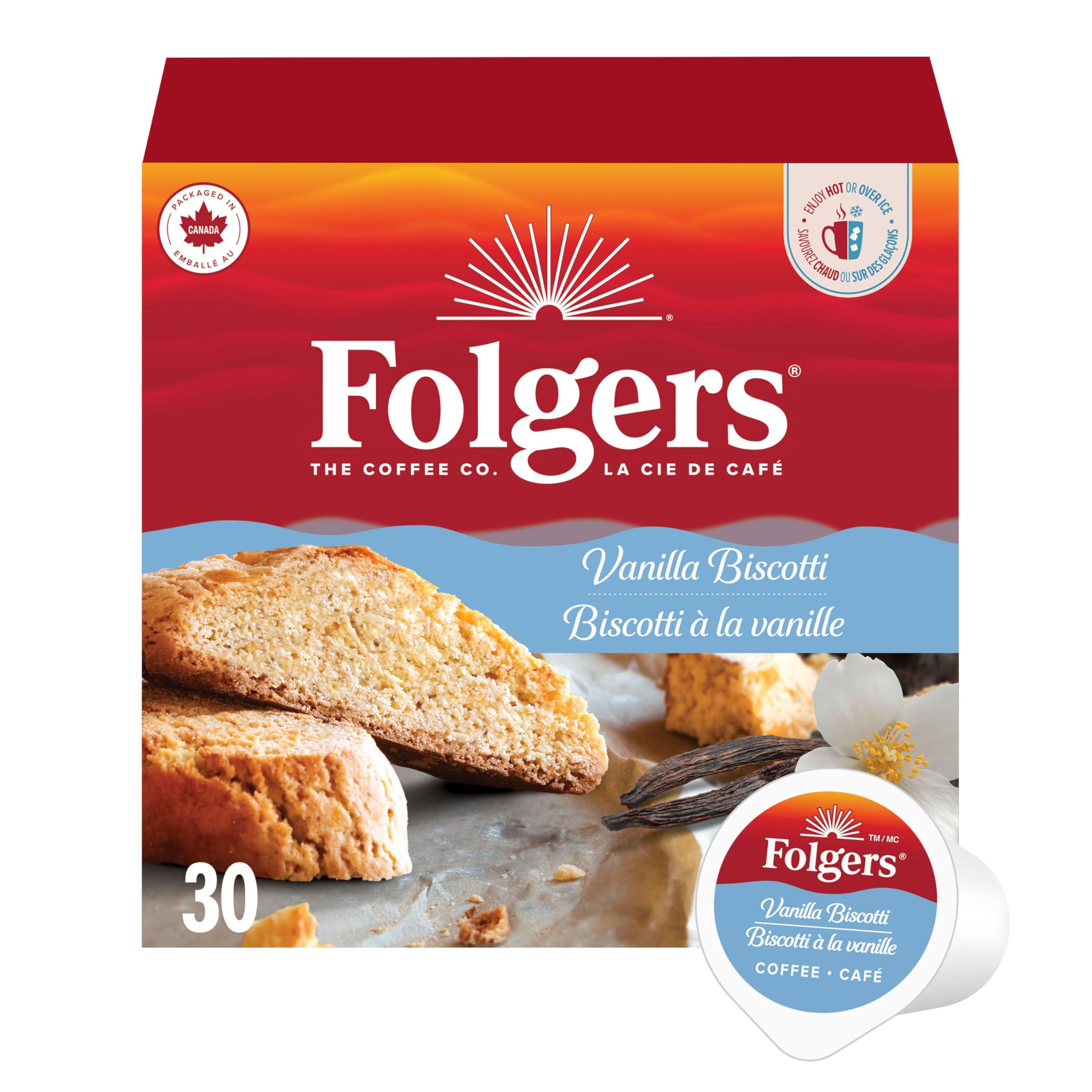 Folgers Vanilla Biscotti front box showing brand and flavor benefits