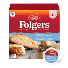 Folgers Vanilla Biscotti front box showing brand and flavor benefits