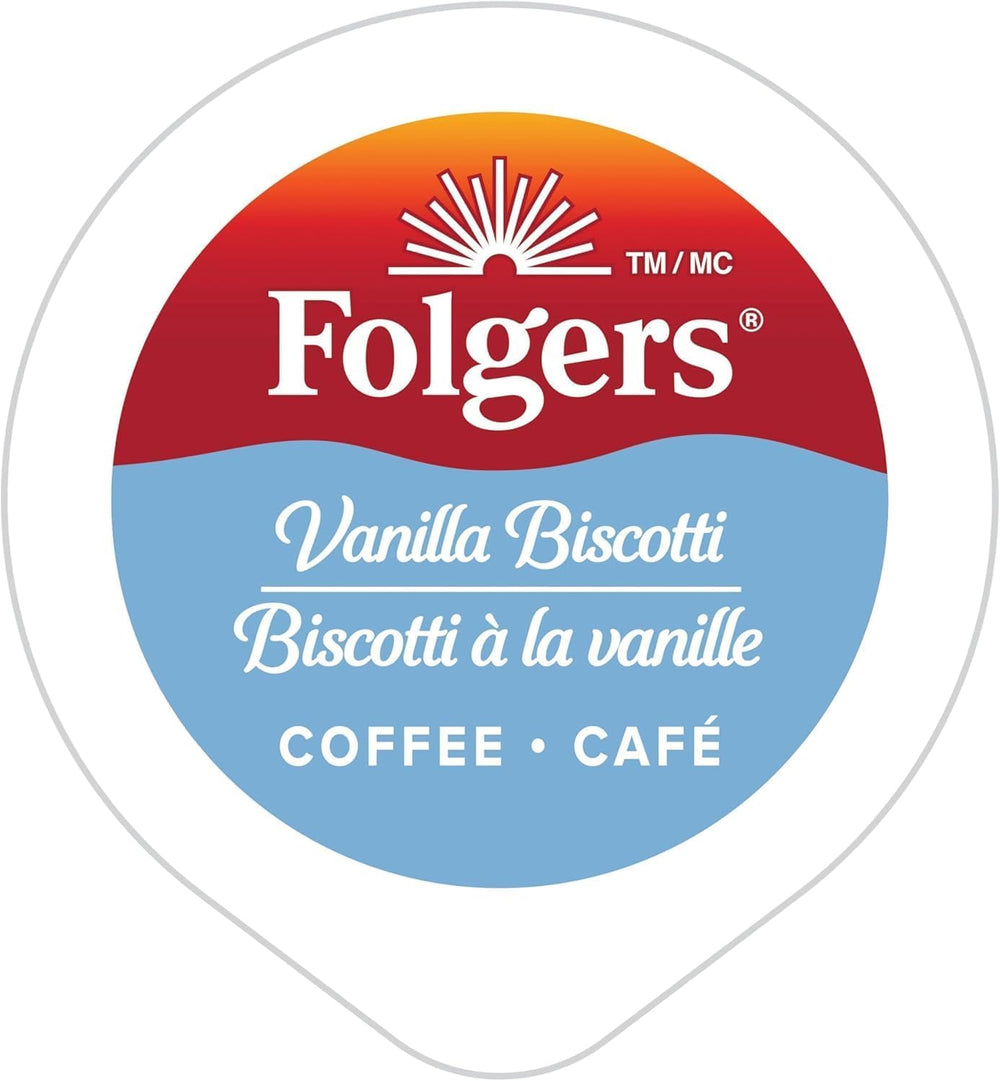 Hand holding Folgers K-Cup near cup for scale, illustrating compact convenience