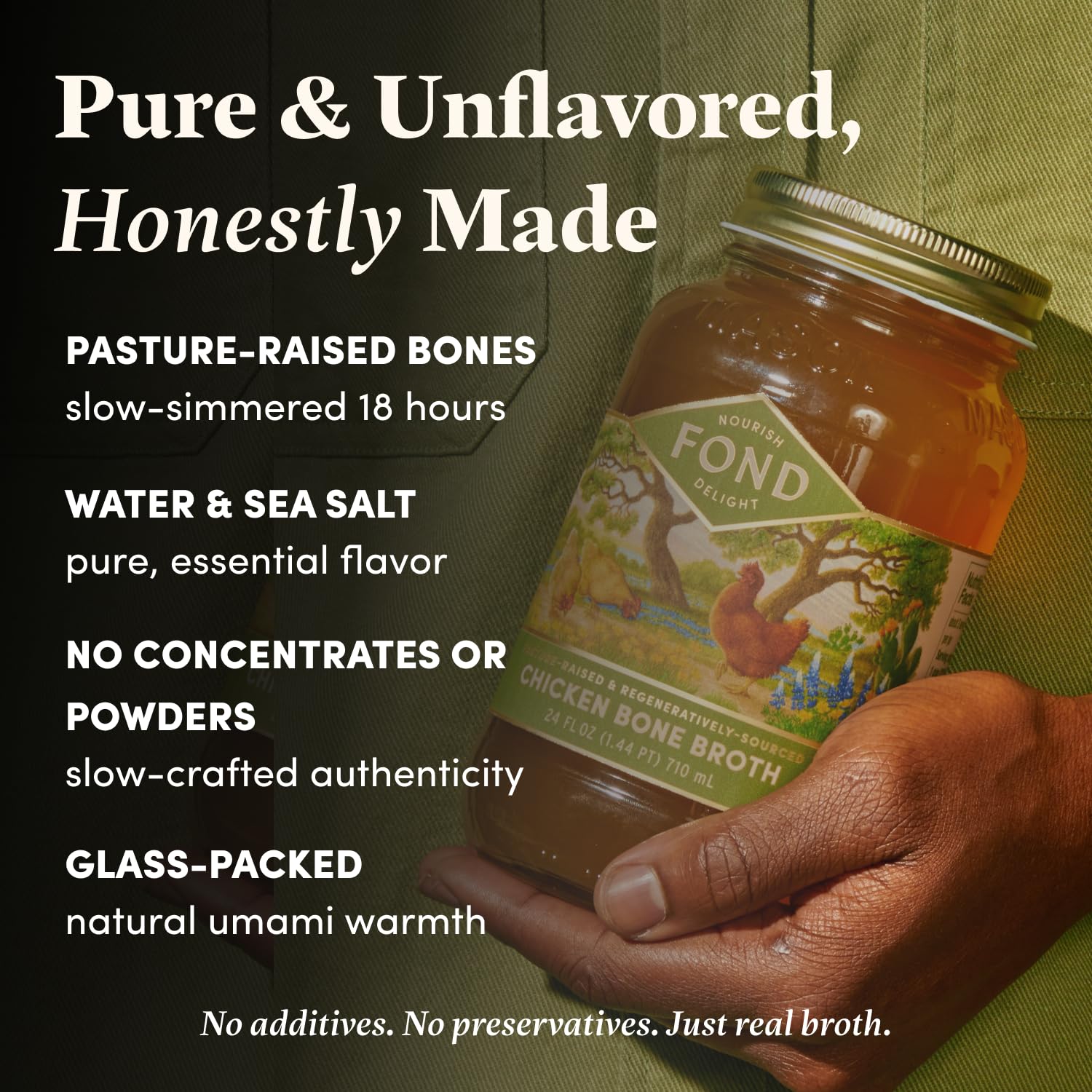 FOND label detail with ingredients and pasture-raised sourcing benefits