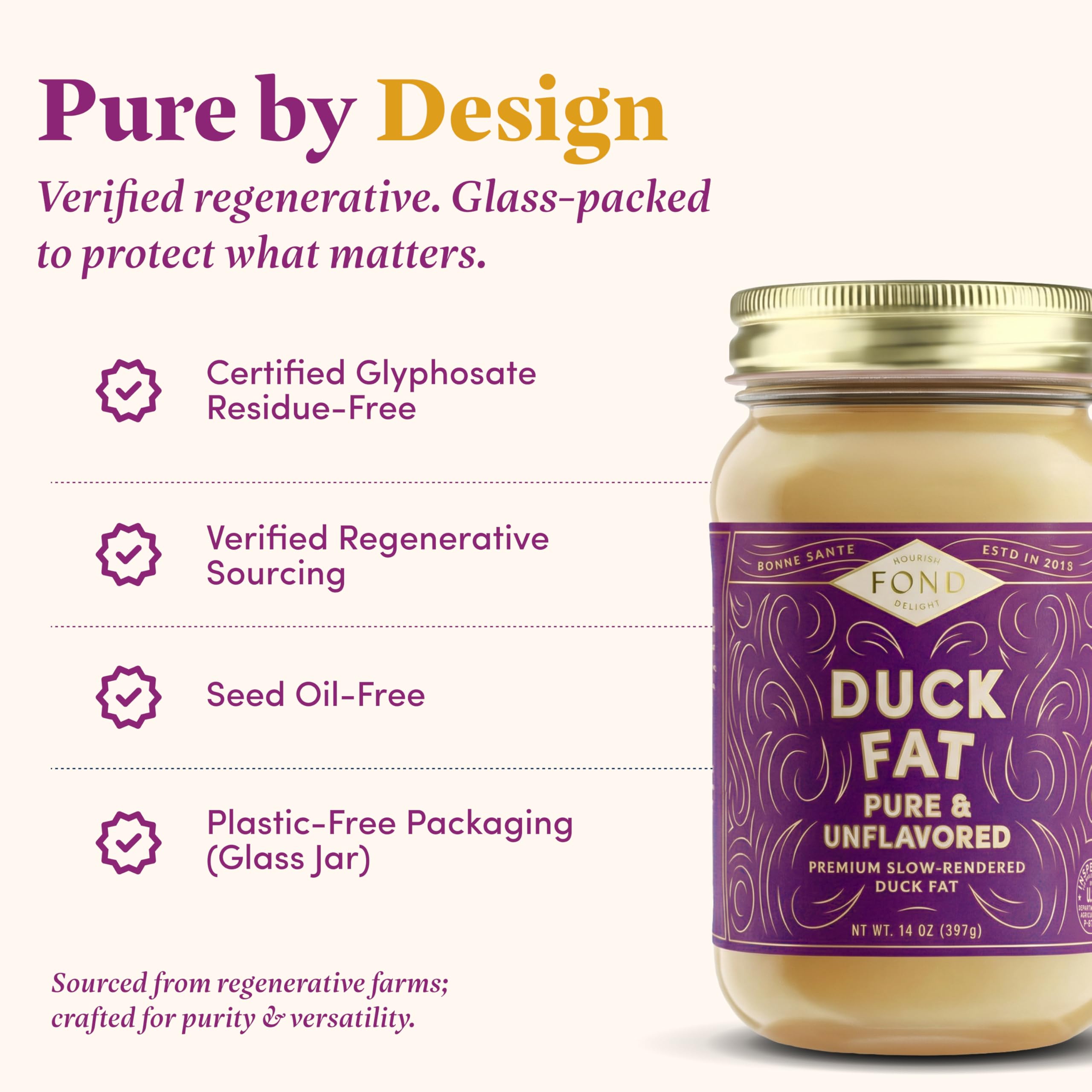 FOND jar open with melted duck fat showing smooth texture and pourability