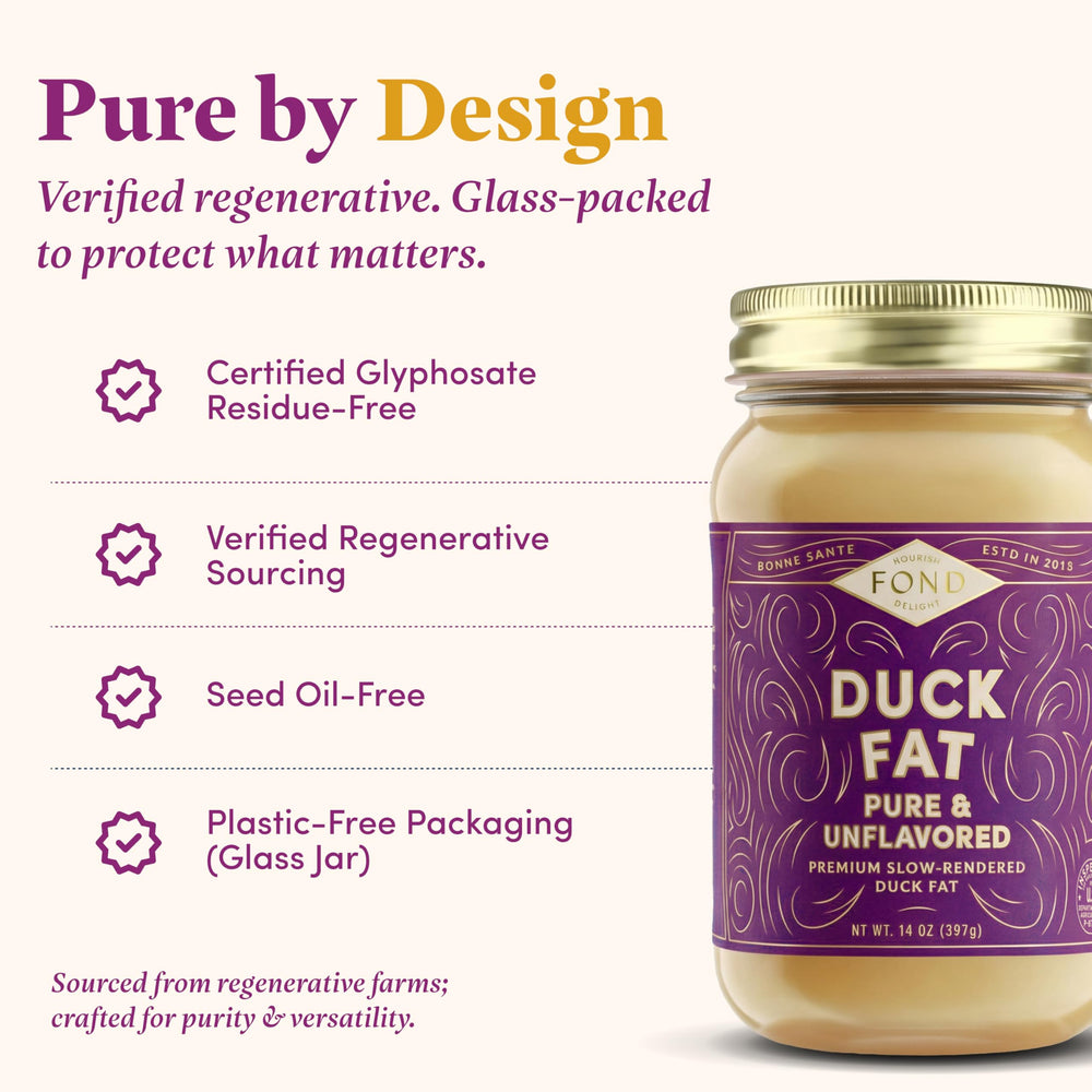 FOND jar open with melted duck fat showing smooth texture and pourability