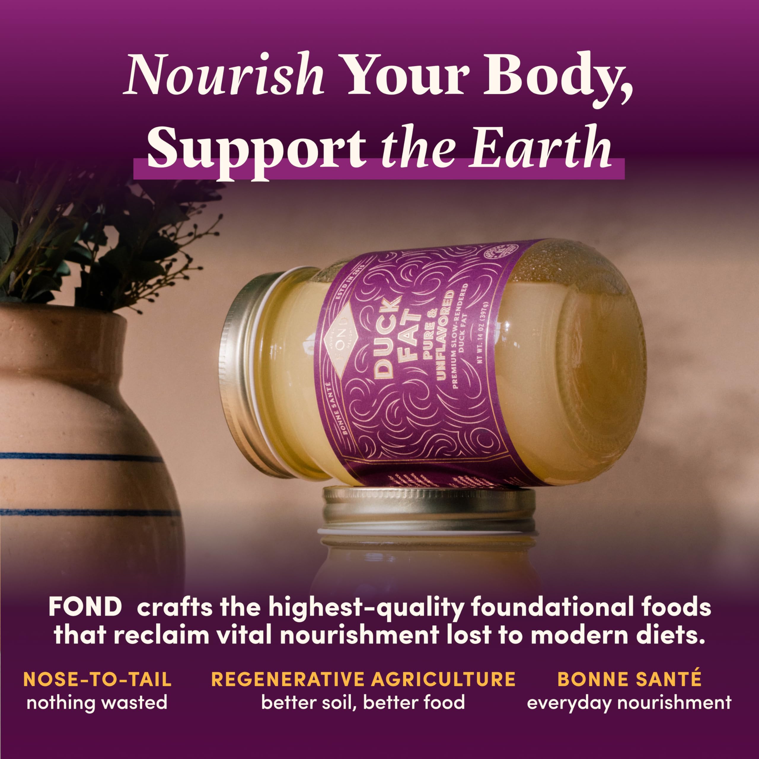 FOND 14oz jar beside common kitchen items to show scale and storage size