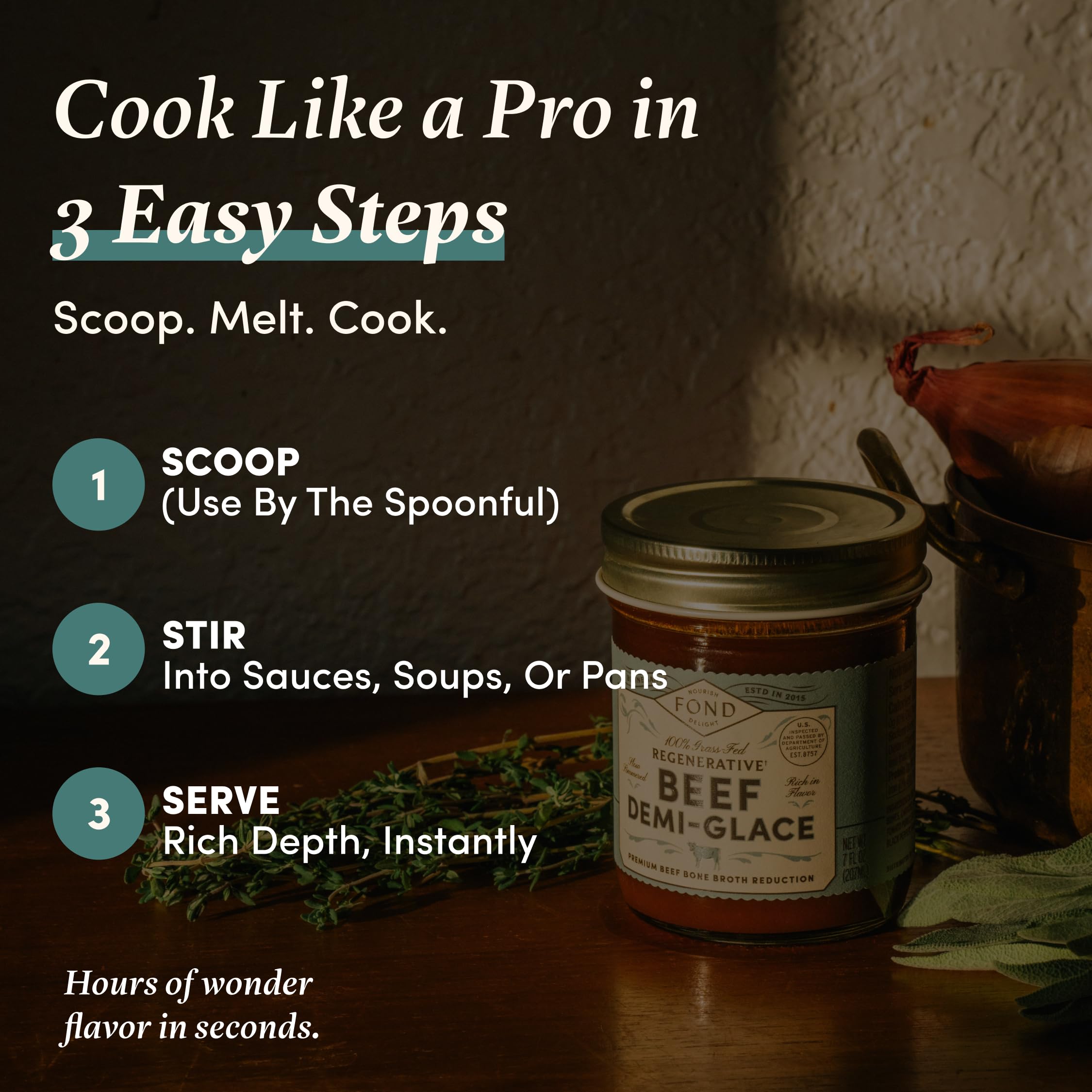 FOND jar beside roasted bones and vegetables indicating artisanal origin