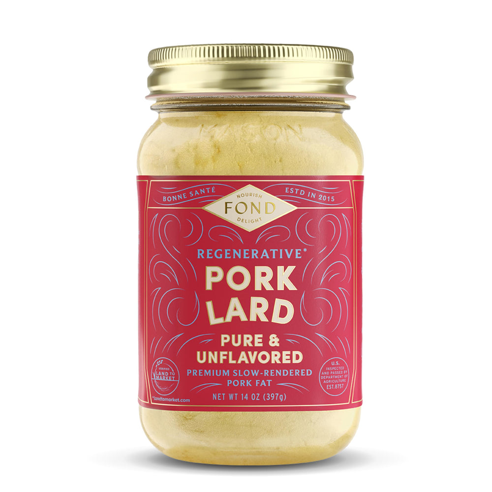 FOND jar front view showing label and pure leaf lard, highlighting clean packaging benefit