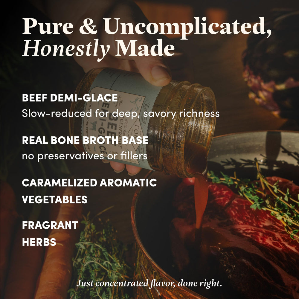 FOND demi glace used as a glossy pan sauce over a cooked steak