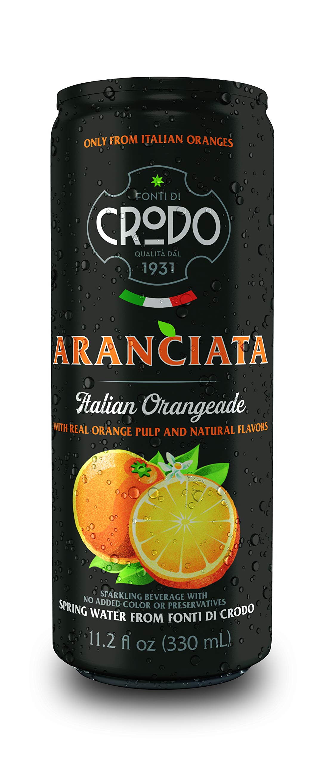 Fonti Di Crodo can side label close-up highlighting ingredients and spring water origin