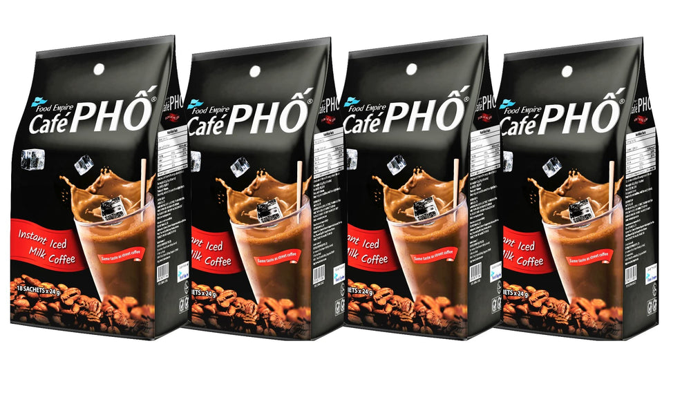 FOOD EMPIRE CAFÉ PHO front packaging showing 18 sachets and benefits