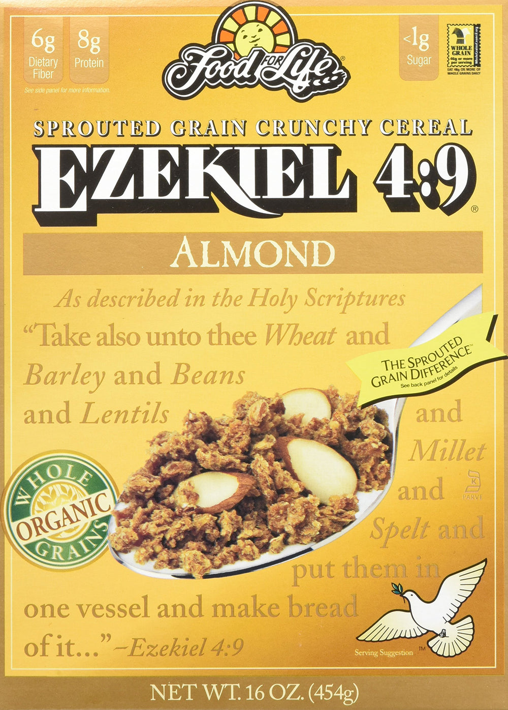 Food for Life front packaging showing almond cereal box and organic badge