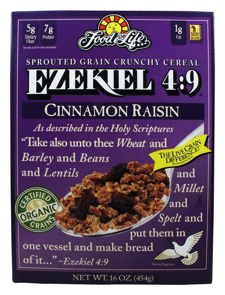 Food for Life front packaging Ezekiel Cinnamon Raisin showing organic label and size
