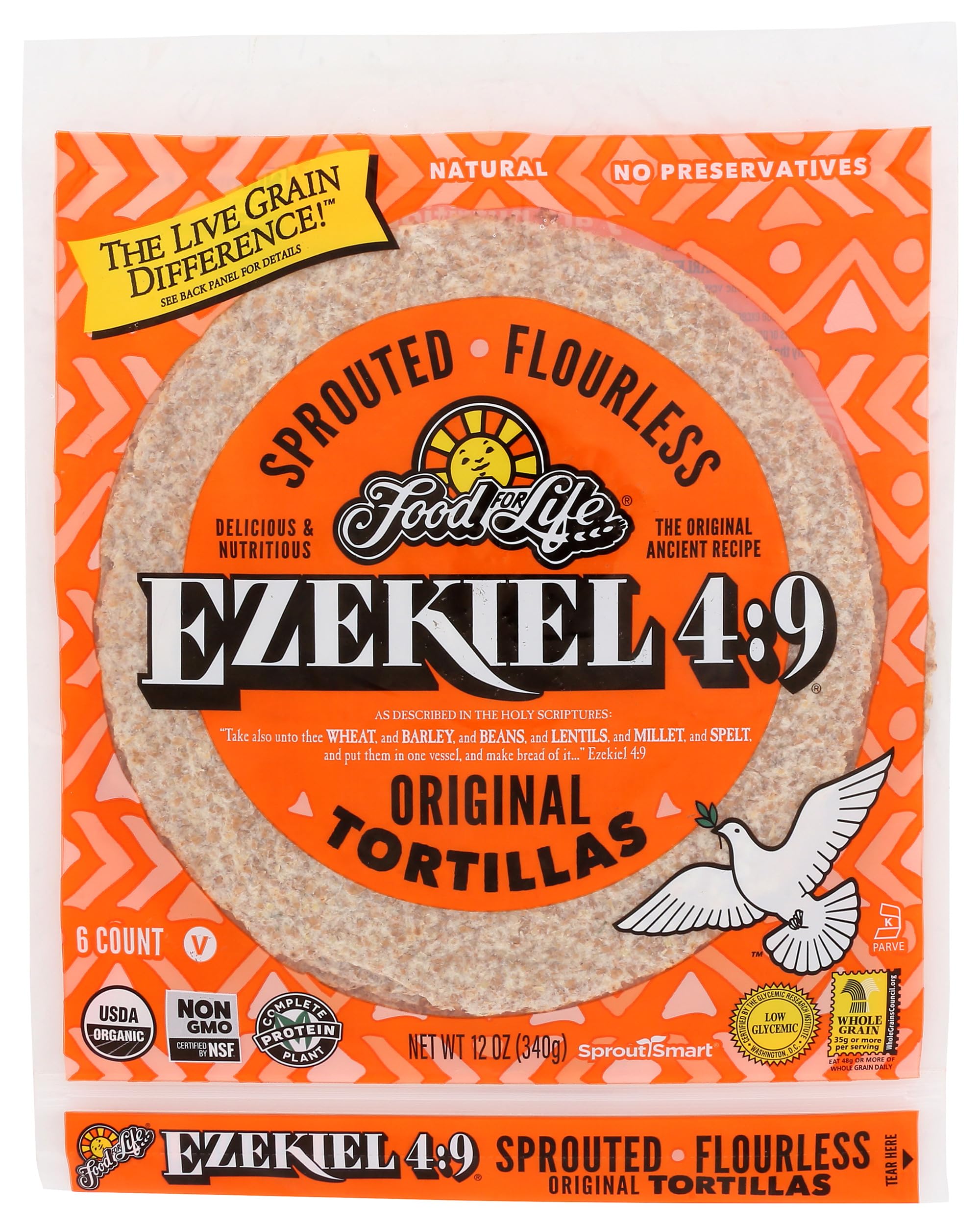 Food for Life front packaging showing organic sprouted tortillas and clear benefits