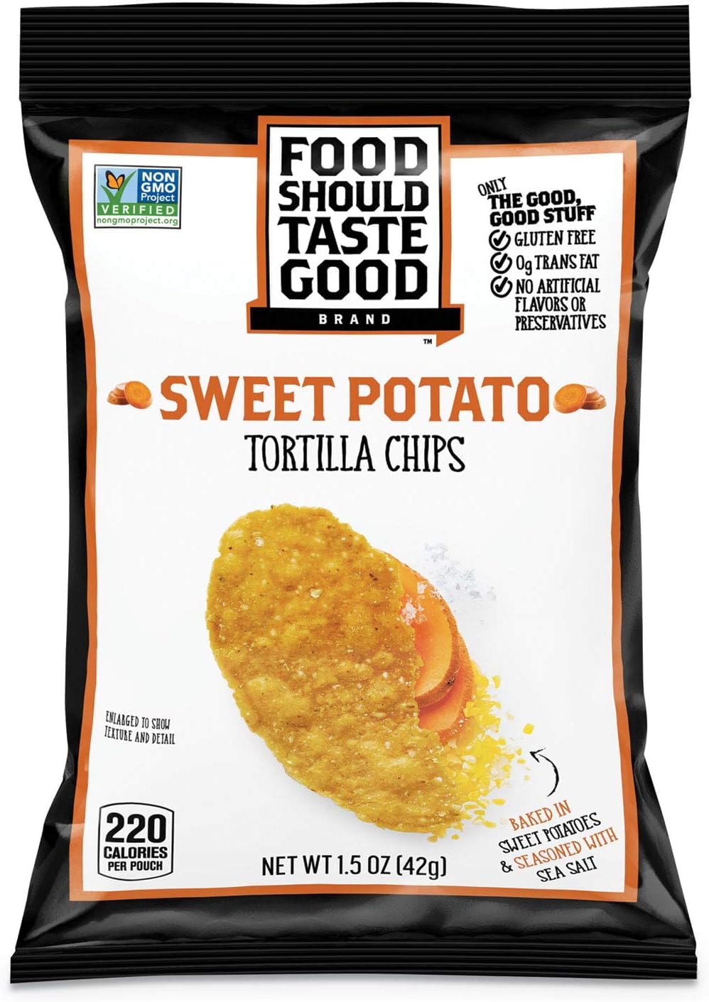 Food Should Taste Good front packaging showing bag and branding benefits