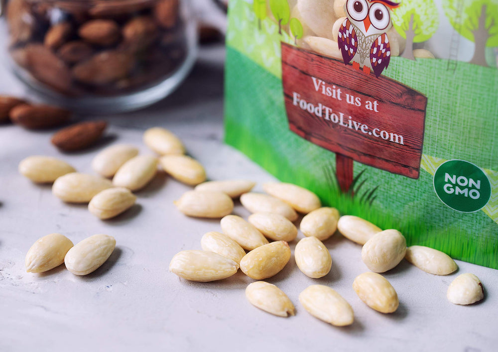 Food to Live almonds beside baking ingredients demonstrating versatile use