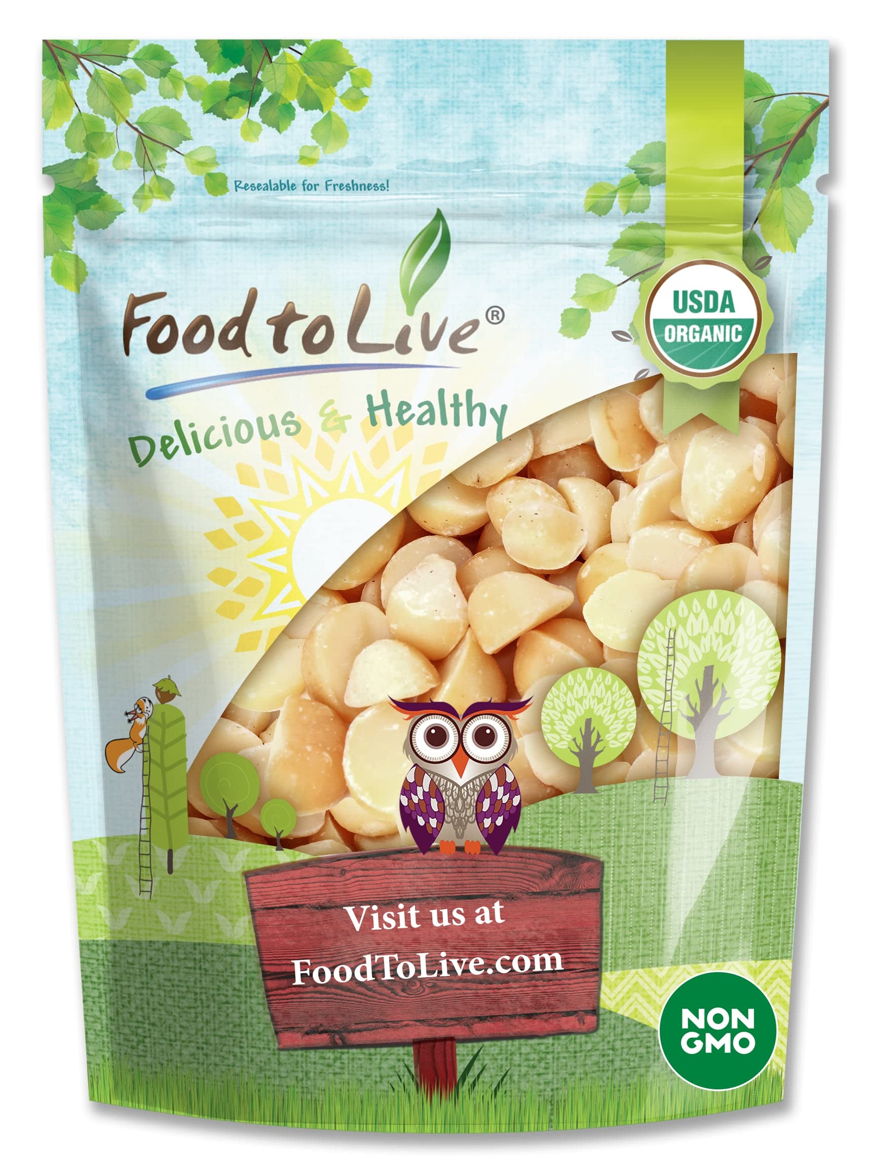 Food to Live front package of 4 lb macadamia nuts showing brand and bulk value